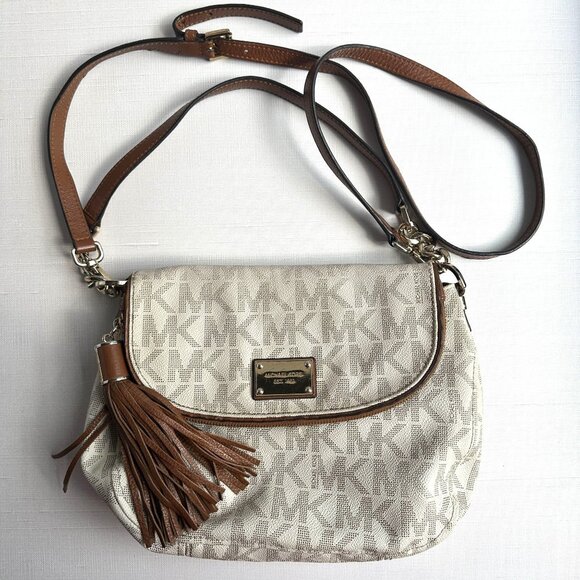 Michael Kors Bradford Crossbody MK Logo Flap Bag Beige/Brown Adjustable Strap - Picture 1 of 16